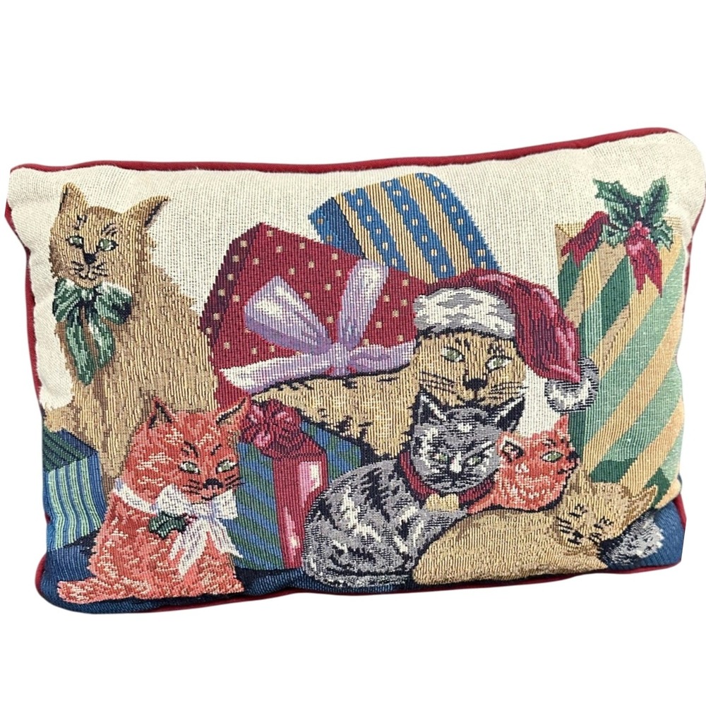 Christmas Cats Tapestry Pillow Multicolor Woven Holiday Santa Hat Presents